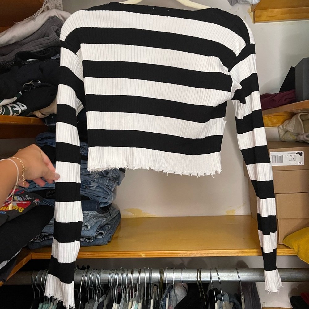 Wishful thinking black and white striped knit long sleeve crop trop with rips